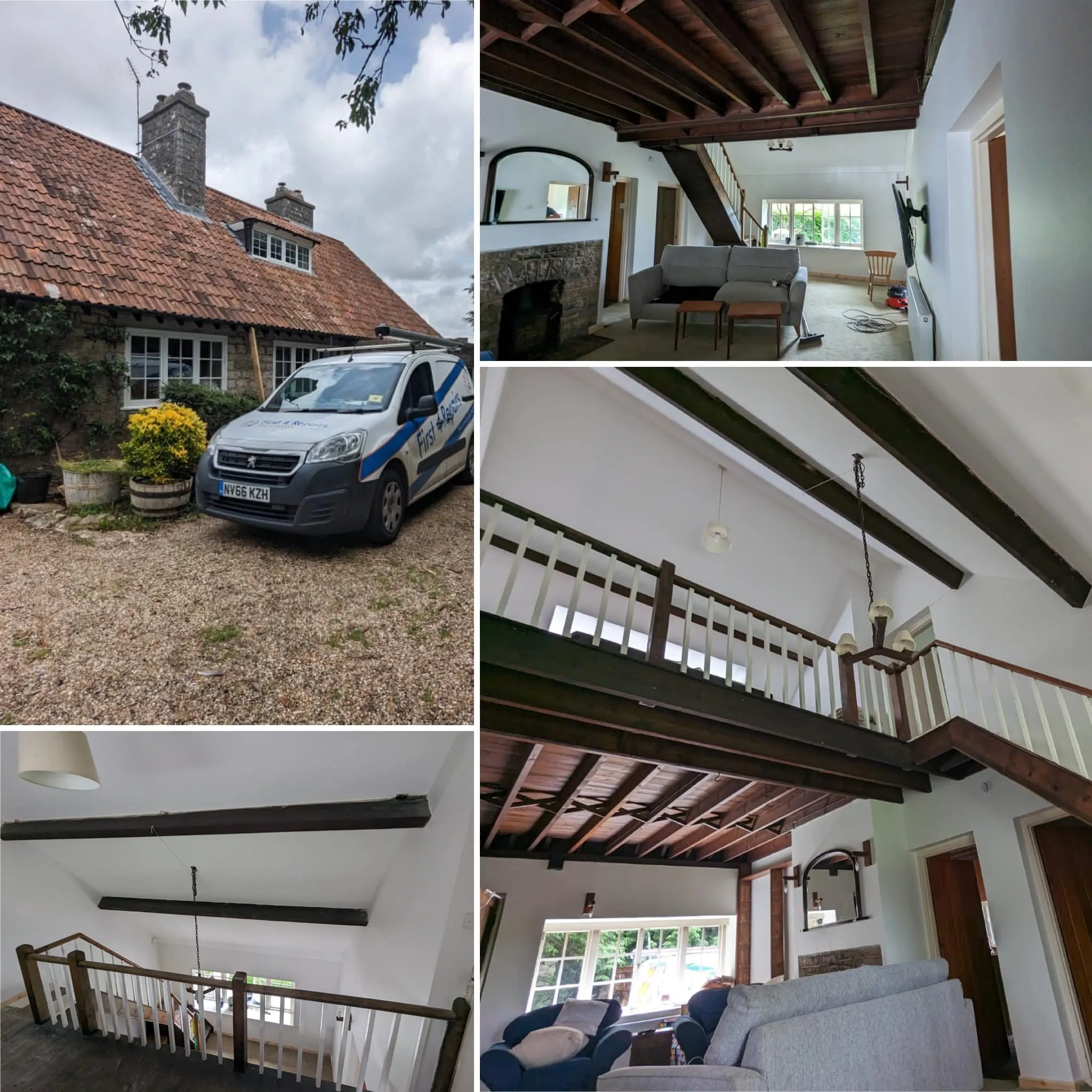 A collage of photos of a house and a car.