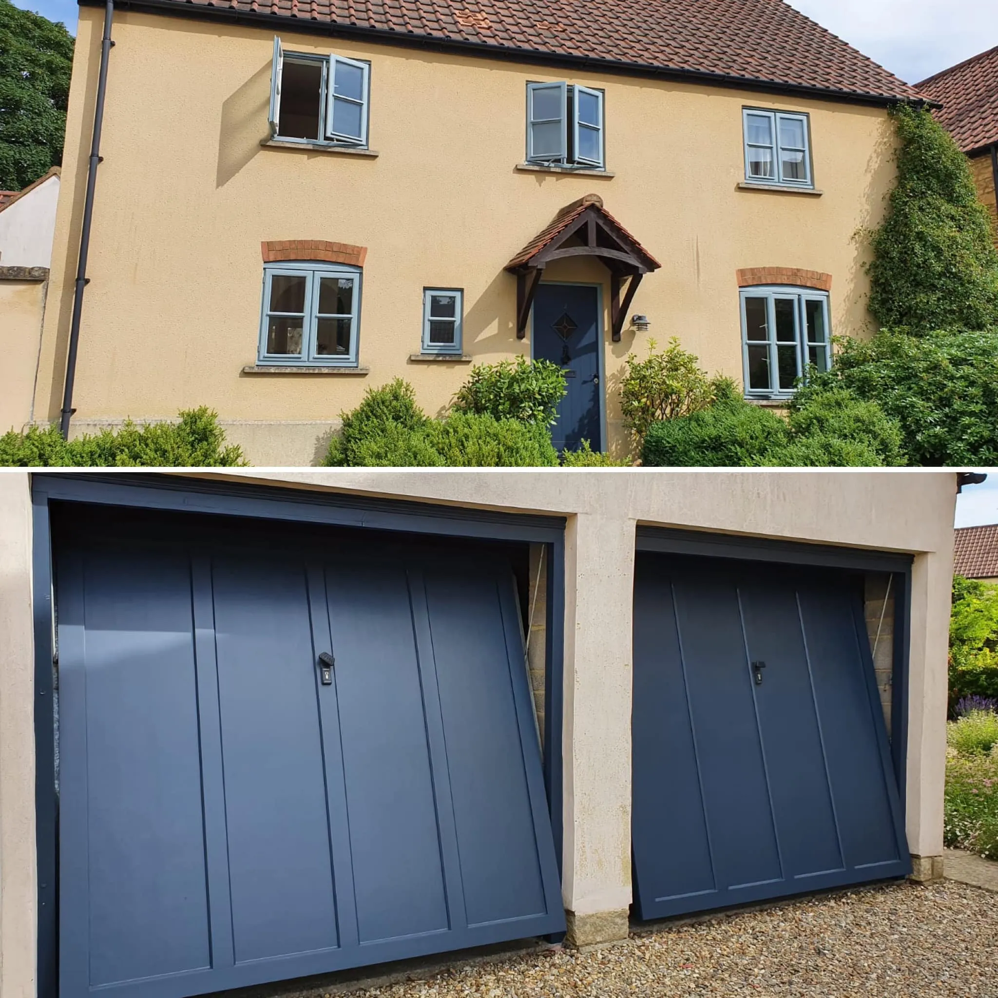 Two pictures of a house with blue garage doors.
