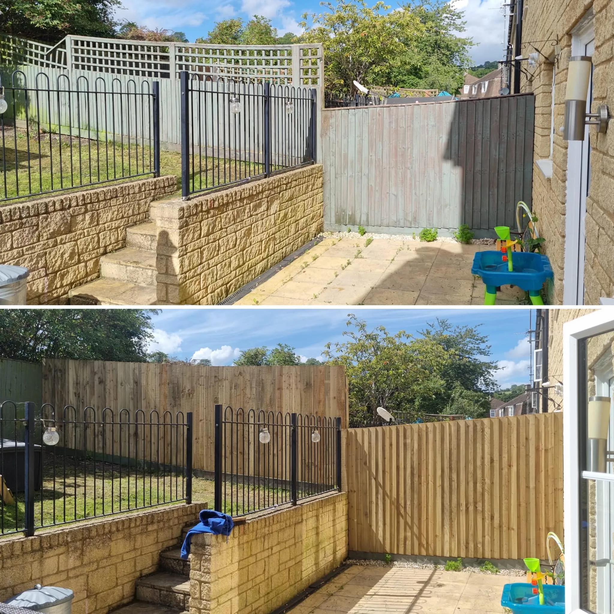 Two pictures of a backyard with a fence and a back yard.